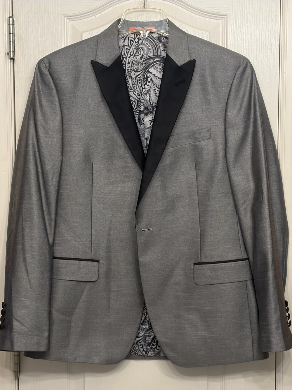 TALLIA Metallic Silver-Gray Tuxedo Jacket with Black Satin Peak Lapel